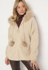Beżowa Bluza z Wiskozą Wełną Kapturem Pomponami i Odpinanym Futerkiem Delavine. Brązowe bluzy z kapturem damskie Born2be, l, z jeansu. Za 229.99 zł.