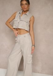 Jasnobeżowy Komplet Koszulowa Kamizelka i Spodnie o Szerokim Kroju w Stylu Cargo Zibelle. Brązowe kamizelki damskie Renee, bez wzorów, eleganckie. Za 84.99 zł.