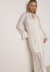 Beżowa Koronkowa Sukienka o Taliowanym Kroju z Wiązaniem przy Dekolcie Nevellirae. Brązowe sukienki damskie Born2be, na co dzień, l, bez wzorów, z koronki, eleganckie, bez kołnierzyka, bez ramiączek, maxi, proste. Za 169.99 zł.