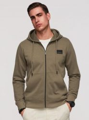 Rozpinana bluza męska dresowa z kapturem i patchem – oliwkowa V4. Zielone bluzy z kapturem męskie Ombre Clothing, m, z bawełny. Za 149.99 zł.