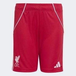 Spodenki podstawowe Liverpool FC 25/26. Czerwone szorty damskie Adidas, bez wzorów, z materiału, klasyczne, z standardowym stanem. Za 179.00 zł.