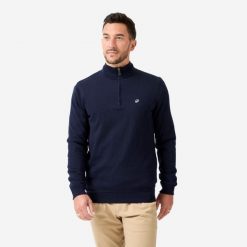Sweter do golfa męski wiatroszczelny MW500 z wysokim kołnierzem. Niebieskie swetry męskie INESIS, m, bez wzorów, z bawełny, bez kołnierzyka. Za 199.99 zł.