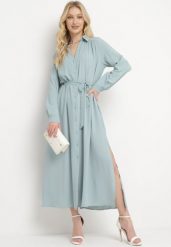 Niebieska Rozpinana Sukienka Koszulowa z Regulowanymi Rękawami Grimoire. Niebieskie sukienki damskie Born2be, na co dzień, l, bez wzorów, eleganckie, bez kołnierzyka, bez ramiączek, maxi, koszulowe. W wyprzedaży za 119.99 zł.