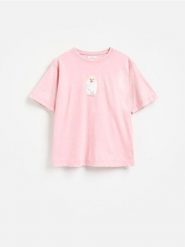 Bawełniany t-shirt z nadrukiem - różowy. Czerwone t-shirty damskie Reserved, l, bez wzorów, z bawełny, bez kołnierzyka. Za 59.99 zł.