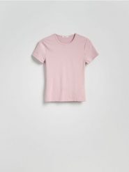 Gładki t-shirt - pastelowy róż. Czerwone t-shirty damskie Reserved, l, bez wzorów, z dzianiny, bez kołnierzyka. W wyprzedaży za 35.99 zł.