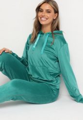 Jasnozielony Komplet Dresowy z Bawełną Bluza z Kapturem i Kieszenią Spodnie z Gumką w Talii Quesaria. Zielone bluzy z kapturem damskie Born2be, l, z bawełny. Za 89.99 zł.