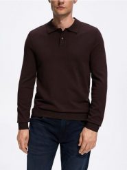 Wiskozowy sweter polo - ciemnobrązowy. Brązowe swetry męskie Reserved, l, bez wzorów, z dzianiny, bez kołnierzyka. Za 119.99 zł.