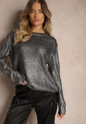 Czarno-Srebrny Klasyczny Sweter o Pudełkowym Kroju Ozdobiony Metalicznym Połyskiem Evaniae. Czarne swetry klasyczne damskie Renee, bez kołnierzyka. Za 119.99 zł.