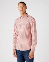 WRANGLER LS WESTERN SHIRT MĘSKA KOSZULA W KRATĘ DŁUGI RĘKAW ETRUSCAN RED W5C2CIR11 112146107. Czerwone koszule męskie Wrangler, m, bez wzorów, bez kołnierzyka, bez ramiączek. Za 139.99 zł.