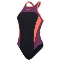 Strój pływacki jednoczęściowy Speedo High Neck Splice Cross Back. Czarne stroje jednoczęściowe damskie Speedo, bez wzorów. Za 179.99 zł.