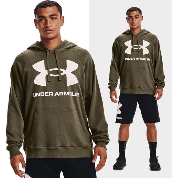 Bluza fitness męska UNDER ARMOUR Rival Fleece z kapturem. Zielone bluzy sportowe męskie Under Armour, bez wzorów, casualowe, bez kołnierzyka, bez ramiączek. W wyprzedaży za 170.90 zł.
