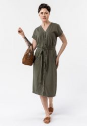 Sukienka z lnem G-SUNRAY. Brązowe sukienki damskie Volcano, na co dzień, na lato, xxl, bez wzorów, z materiału, klasyczne, bez kołnierzyka, bez ramiączek, dopasowane. Za 169.99 zł.