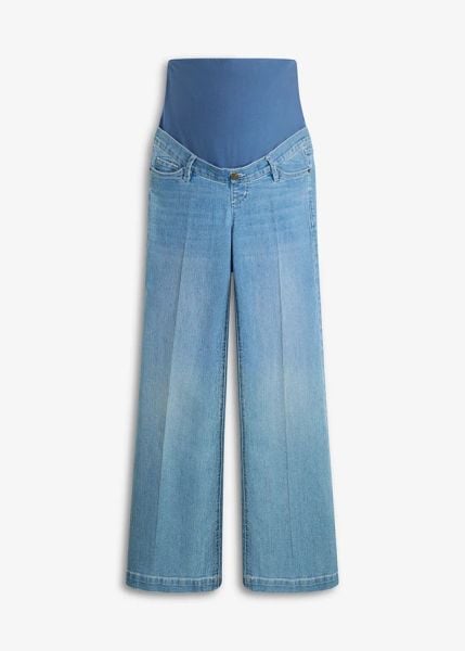 Szerokie jeansy ciążowe z elastycznego denimu, pełna długość. Niebieskie jeansy damskie bonprix, moda ciążowa. Za 179.99 zł.