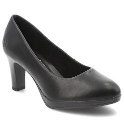 Czółenka damskie Rieker w klasycznym fasonie z zaokrąglonym noskiem stabilnym obcasem typu słupek i subtelną platformą czarne, 41560-01 Black. Czarne czółenka damskie Rieker, bez wzorów, bez obcasa, na platformie. Za 349.00 zł.