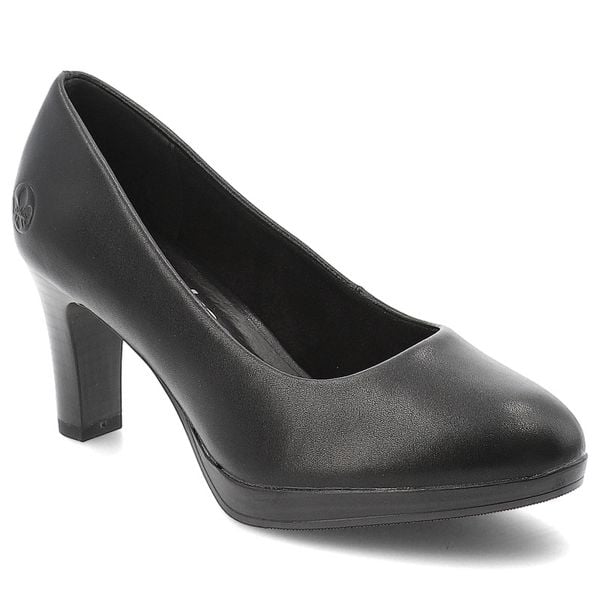 Czółenka damskie Rieker w klasycznym fasonie z zaokrąglonym noskiem stabilnym obcasem typu słupek i subtelną platformą czarne, 41560-01 Black. Czarne czółenka damskie Rieker, bez wzorów, bez obcasa, na platformie. Za 349.00 zł.