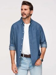 Męska bawełniana koszula z cienkiego jeansu we wzór– niebieska V2 - Rozmiar: M. Niebieskie koszule męskie Ombre Clothing, m, bez wzorów, z bawełny, bez kołnierzyka, bez ramiączek. Za 189.99 zł.