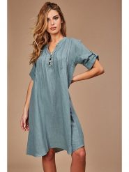 100% LIN Lniana sukienka w kolorze khaki rozmiar: 40/42. Brązowe sukienki damskie 100% Lin, bez wzorów, ze lnu, klasyczne, bez kołnierzyka, bez ramiączek, midi. Za 162.11 zł.