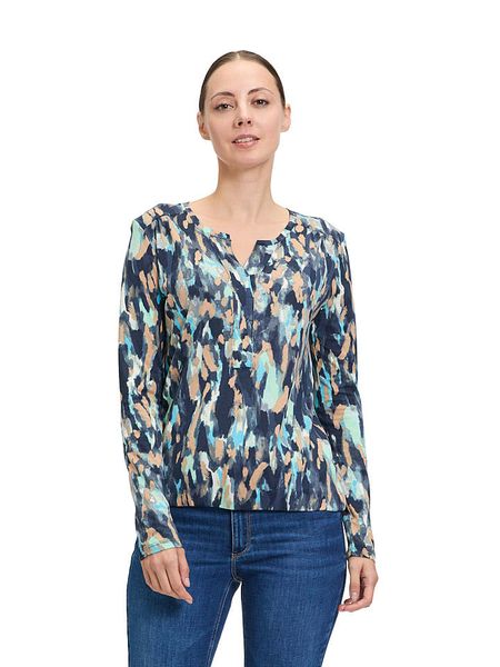 BETTY & CO Koszulka w kolorze granatowo-błękitno-karmelowym rozmiar: XL. Brązowe bluzki damskie Betty & Co., xl, bez wzorów, z bawełny, bez kołnierzyka, bez ramiączek. Za 96.14 zł.