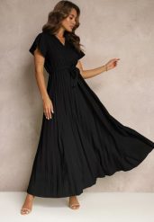 Czarna Koktajlowa Maxi Sukienka Ozdobiona Plisami z Trójkątnym Dekoltem i Wiązaniem w Talii Phoelia. Czarne sukienki damskie Renee, na imprezę, m, bez wzorów, eleganckie, bez kołnierzyka, bez ramiączek, maxi. W wyprzedaży za 52.49 zł.