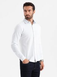 Dzianinowa koszula męska SLIM FIT z długim rękawem – biała V1 OM-SHCS-0177 - XXL. Białe koszule męskie Ombre Clothing, l, bez wzorów, z bawełny, bez kołnierzyka, bez ramiączek. W wyprzedaży za 109.99 zł.