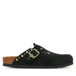 Klapki Birkenstock. Czarne klapki damskie Birkenstock, bez wzorów, bez obcasa. Za 809.99 zł.