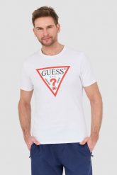 GUESS Biały t-shirt Original Logo Tee. Białe t-shirty męskie Guess, l, z aplikacjami, bez kołnierzyka. W wyprzedaży za 113.99 zł.