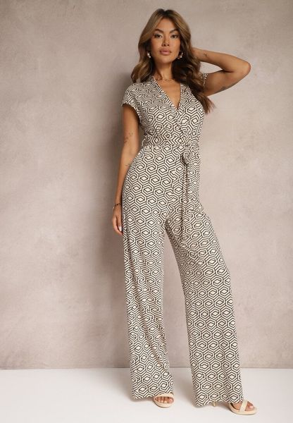 Beżowo-Czarny Kombinezon z Dodatkiem Wiskozy z Wiązaniem w Talii w Geometryczny Wzór Trosofia. Brązowe kombinezony damskie Renee, l, bez wzorów, z wiskozy, eleganckie, bez kołnierzyka, bez ramiączek. Za 149.99 zł.