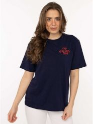 Zwillingsherz Koszulka "Feel Good Club" w kolorze granatowym rozmiar: L/XL. Niebieskie bluzki damskie Zwillingsherz, l, bez wzorów, z bawełny, bez kołnierzyka. Za 82.99 zł.