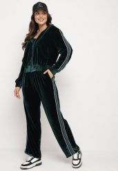 Zielony Welurowy Komplet Dresowy z Ozdobnym Lampasem Bluza ze Stójką i Proste Spodnie Seralina. Zielone bluzy bez kaptura damskie Born2be, l, z dresówki. Za 109.99 zł.