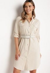 Beżowa Sukienka o Koszulowym Fasonie z Paskiem z Cyrkoniami w Komplecie Iosali. Brązowe sukienki damskie Born2be, l, bez wzorów, eleganckie, bez kołnierzyka, bez ramiączek, midi, kopertowe. W wyprzedaży za 119.99 zł.