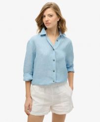Superdry Koszula Boyfriend Casual z Lnu - Sea Blue Chambray. Niebieskie koszule damskie Superdry., bez wzorów, ze lnu, bez kołnierzyka, bez ramiączek. Za 345.20 zł.