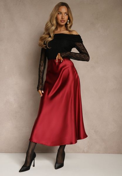 Bordowa Satynowa Midi Spódnica Rozkloszowana z Gumką w Pasie i Suwakiem Leose. Czerwone spódniczki damskie Renee, l, bez wzorów, z materiału, midi, oversize. Za 109.99 zł.