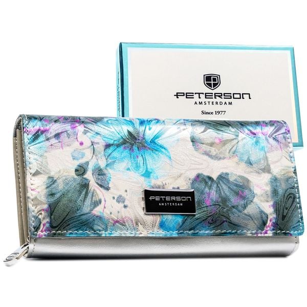 Duży portfel damski odszyty z wielokolorowej skóry naturalnej i ekologicznej, zamykany na zatrzask PTN PX20-1-NPK Peterson. Portfele damskie Peterson, bez wzorów, ze skóry. Za 124.99 zł.