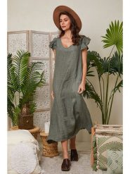 Lin Passion Lniana sukienka w kolorze khaki rozmiar: 36/38. Brązowe sukienki damskie Lin Passion, na co dzień, bez wzorów, ze lnu, klasyczne, bez kołnierzyka, bez ramiączek, maxi, proste. Za 192.79 zł.