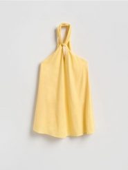 Sukienka mini - jasnożółty. Żółte sukienki damskie Reserved, l, bez wzorów, z tkaniny, bez kołnierzyka, bez ramiączek, mini. Za 129.99 zł.