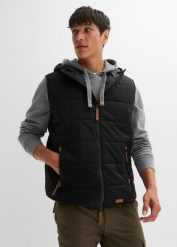 Kamizelka pikowana z kapturem z detalami z imitacji skóry. Czarne kamizelki męskie bonprix, m, ze skóry. Za 189.99 zł.