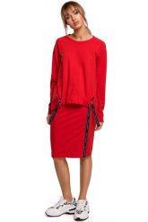 Asymetryczna Bluza z Lampasami - Czerwona. Czerwone bluzy bez kaptura damskie MOE, l, z bawełny. Za 229.90 zł.