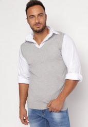 Jasnoszary Sweter Kamizelka z Trójkątnym Dekoltem z Dzianiny Sarotte. Szare swetry męskie Born2be, m, bez wzorów, z dzianiny, bez kołnierzyka. Za 24.99 zł.