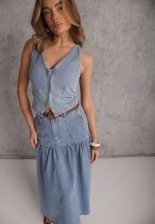 Niebieska Jeansowa Spódnica z Bawełny Ozdobiona Paskiem z Plecionki Ocearos. Niebieskie spódniczki damskie Renee, l, w ażurowe wzory, z bawełny, eleganckie, midi, dopasowane. Za 189.99 zł.