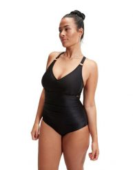 Damski 1-częściowy kostium kąpielowy z dekoltem w szpic Speedo Eco. Czarne stroje jednoczęściowe damskie Speedo, bez wzorów. Za 299.50 zł.
