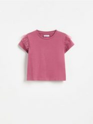 T-shirt z falbaną - karminowy. Czerwone koszulki dziewczęce Reserved, m, bez wzorów, z bawełny, bez ramiączek. Za 22.99 zł.