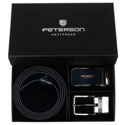 Zestaw prezentowy: dwustronny pasek skórzany w granatowym i czarnym kolorze Peterson PTN KL-B016S001 N. Czarne paski męskie Peterson, bez wzorów, ze skóry, eleganckie. Za 139.99 zł.