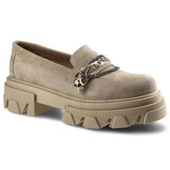 Półbuty damskie Carinii, wsuwany fason typu loafers cholewka ze skóry naturalnej zamszowej masywna traktorowa podeszwa gruba platforma ozdobny łańcuc. Brązowe mokasyny damskie Carinii, z aplikacjami, ze skóry, biznesowe, bez obcasa, na platformie. Za 309.00 zł.