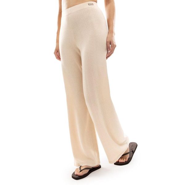 Damskie spodnie z dzianiny z szerokimi nogawkami Siroko IBZ Loom Sand. Brązowe spodnie materiałowe damskie SIROKO, bez wzorów, z bawełny, biznesowe, z podwyższonym stanem. Za 211.00 zł.