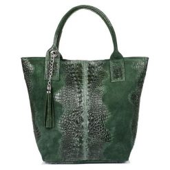 Shopper bag skórzany c. zielony croco L94. Zielone shopper bag damskie z aplikacjami, z materiału, małe, zamszowe, bez dodatków. Za 230.99 zł.