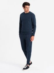 Komplet dresowy bawełniany męski BASIC bluza nierozpinana + joggery – granatowy V1 - Rozmiar: M. Niebieskie bluzy bez kaptura męskie Ombre Clothing, m, z bawełny. W wyprzedaży za 202.49 zł.