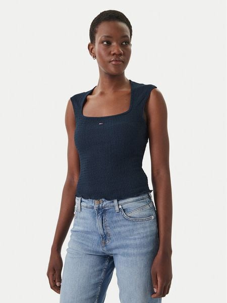 Tommy Jeans Top Smock Seersucker DW0DW22220 Granatowy Slim Fit. Niebieskie topy damskie Tommy Jeans, s, bez wzorów, z jeansu, bez kołnierzyka. Za 113.99 zł.