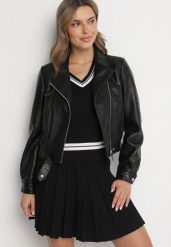 Czarna Kurtka Ramoneska o Krótkim Kroju Zwężana w Talii Florenza. Czarne kurtki damskie Born2be, l, bez wzorów, z bawełny, bez kaptura. Za 159.99 zł.