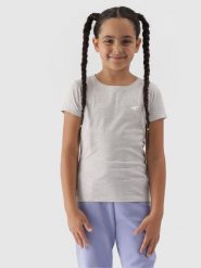 4F T-shirt gładki dziewczęcy - chłodny jasny szary 140 (9-10 lat). Szare koszulki dziewczęce 4f, bez wzorów, z bawełny, bez ramiączek. Za 29.99 zł.