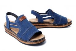 RIEKER 62982-12 blue, sandały damskie. Niebieskie sandały damskie Rieker, bez wzorów, bez obcasa, na koturnie. Za 255.92 zł.